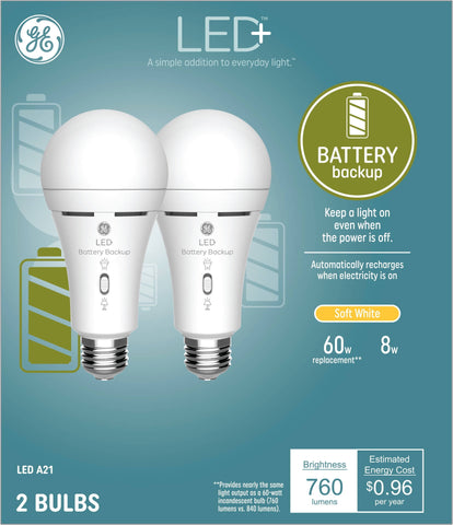 GE LED+ Battery Backup, 60 Watt, Soft White, A21 Bulbs, Medium Base, 2pk, Size: 2 Pack 93130079