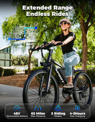 AZHAR Electric Bike for Adults, 26" Electric Mountain Bike, 1200W Peak Power Motor, up to 25 MPH 45 Miles, Electric Bicycle with 48V 10AH Removable Battery, UL 2849