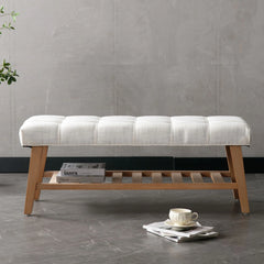 Dayalane Upholstered Storage Bench with Shoe Rack, Linen Fabric Entryway Bench for Living Room, Bedroom and Hallway, Multi Functional Ottoman with Solid Wood Shelf, Beige