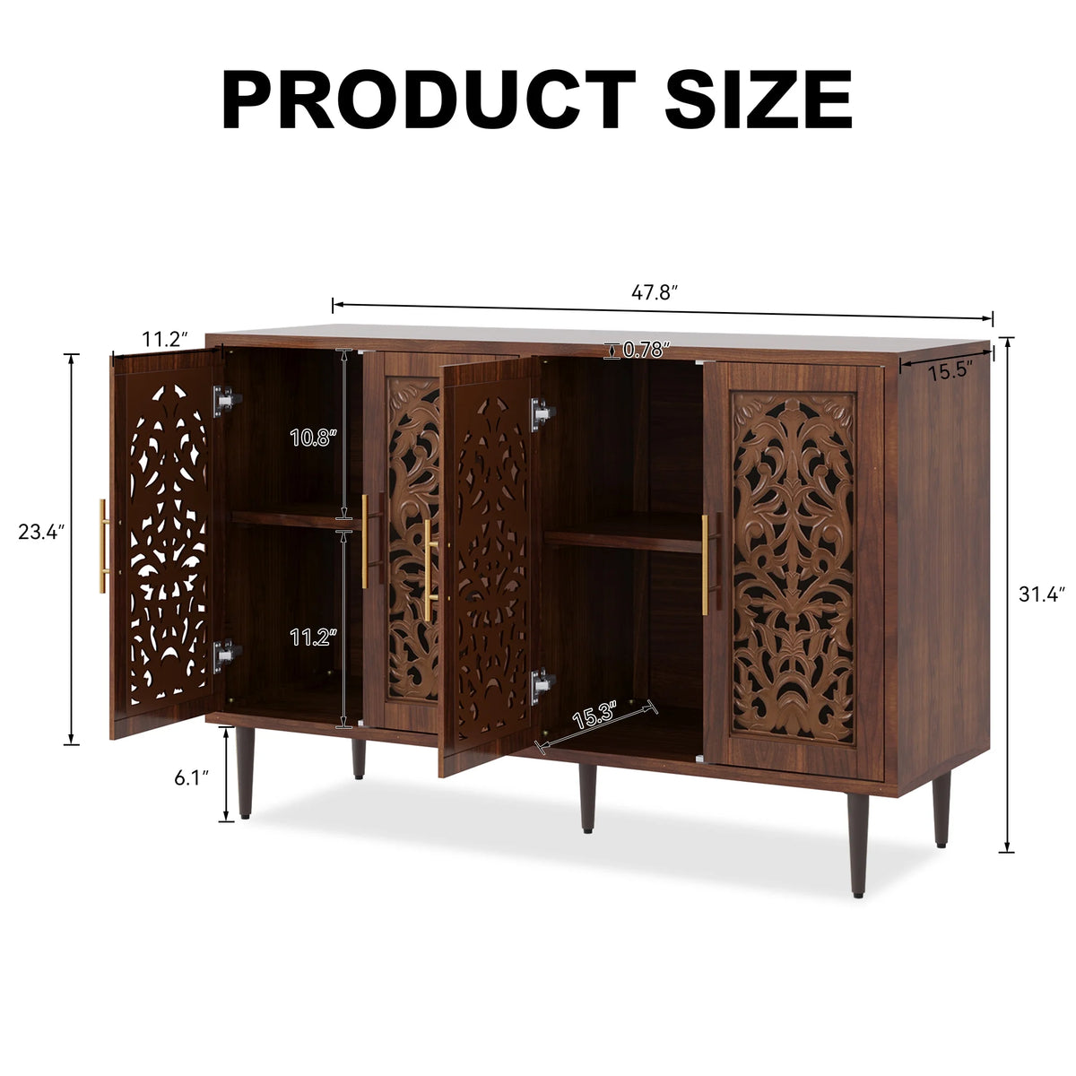 HLR 48" Accent Cabinet with 4 Doors, Vintage Hollow Carving Storage Credenza, Sideboards and Buffets Cabinet for Living Room, Kitchen, Dining Room, Entryway