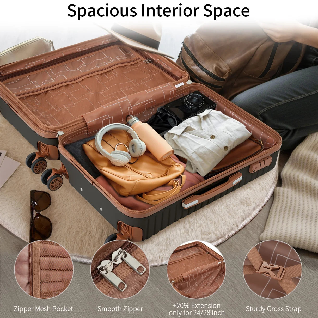 Luggage Sets, 4 - Piece Lightweight Suitcase Set with 4 Packing Cubes and TSA Lock, Hardshell Suitcases with Spinner Wheels, (16/20/24/28 ), Brown