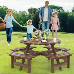 8-Person Round Wood Picnic Table Set with 4 Built-in Benches & 2" Umbrella Hole, Holds 2420 LBS, Outdoor Dining Table & Bench for Patio Garden