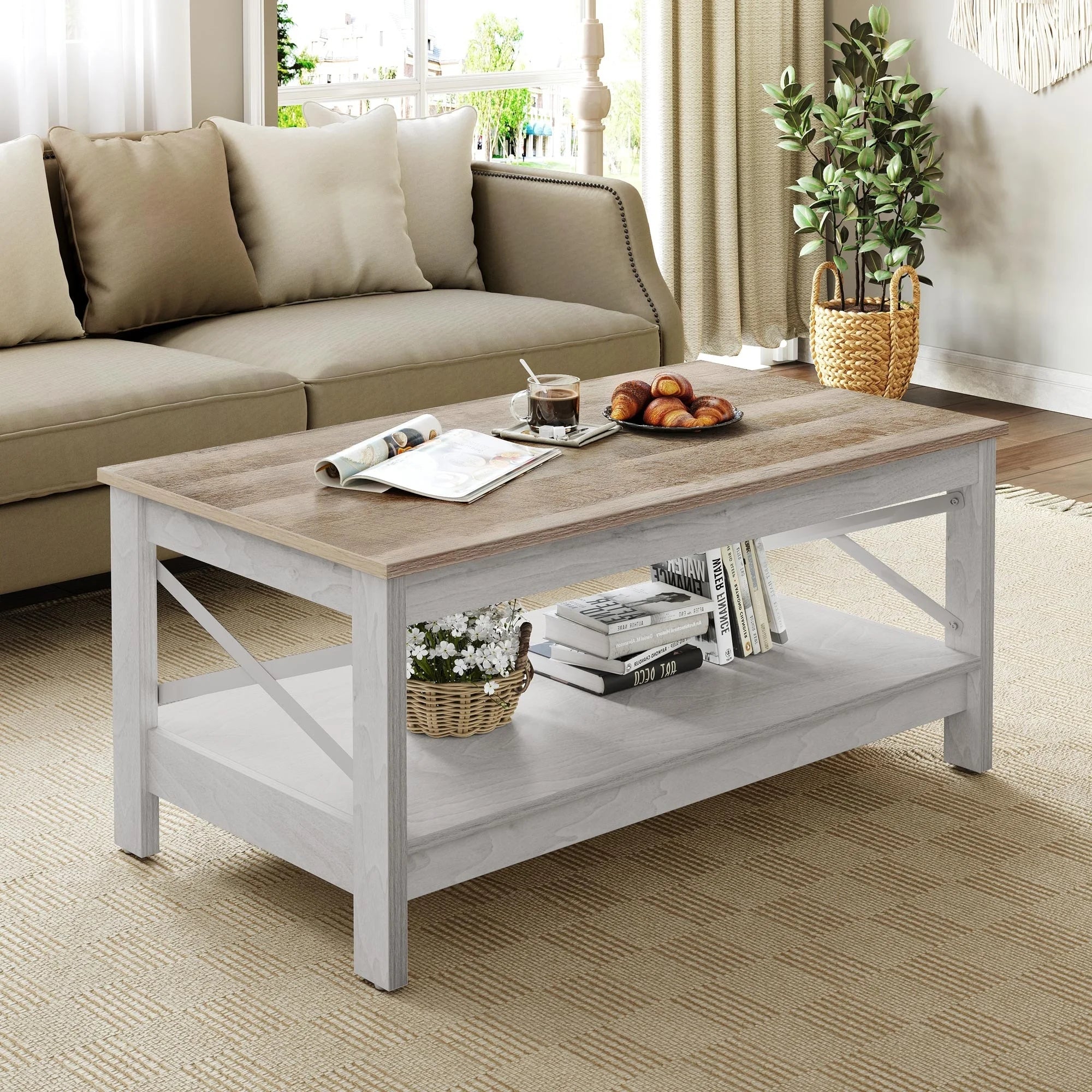 Moasis Farmhouse Coffee Table with Storage 2 - Tier Center Table for Living Room Grey Wash Top+White