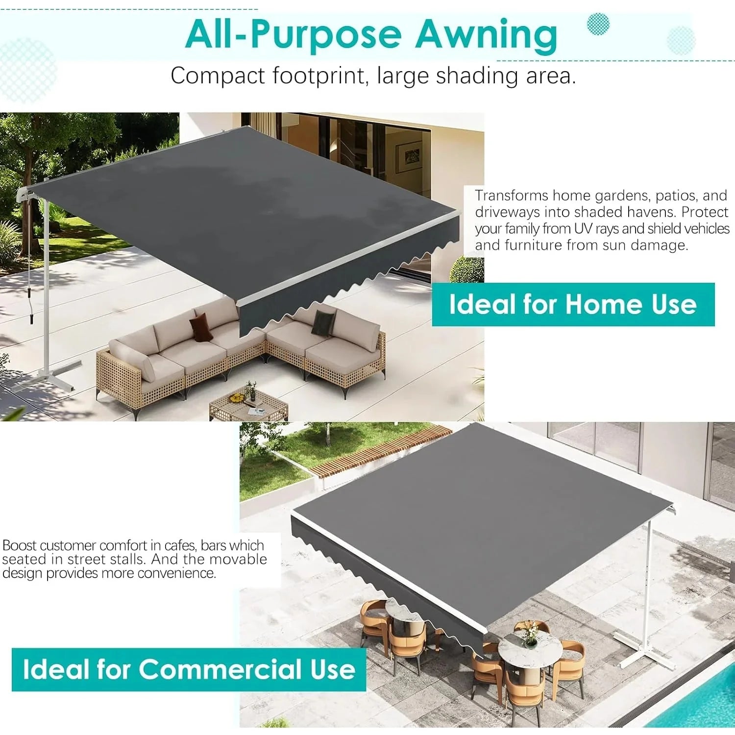 AECOJOY Free Standing Retractable Awning, 13'x10' Patio Awnings Outdoor Manual Sun Shade Shelter, Dark Grey