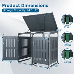 44 Cu.Ft Outdoor Trash Can Storage Shed for 2 Bins, Metal Garbage Can Organizer with Gas Struts, Shock Absorbers, Lockable Doors & Slant-Roof