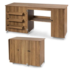 62.5" Folding Sewing Table Rolling Craft Station with Storage Cabinet & Shelves, Foldable Sewing Machine Desk w/ Lockable Wheels for Home