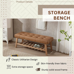 Dayalane Upholstered Storage Bench with Shoe Rack, Linen Fabric Entryway Bench for Living Room, Bedroom and Hallway, Multi Functional Ottoman with Solid Wood Shelf, Beige