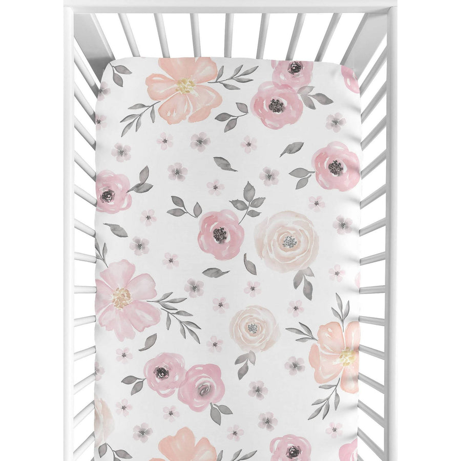 Sweet Jojo Designs Blush Pink, Grey and White Baby or Toddler Fitted Crib Sheet for Watercolor Floral Collection