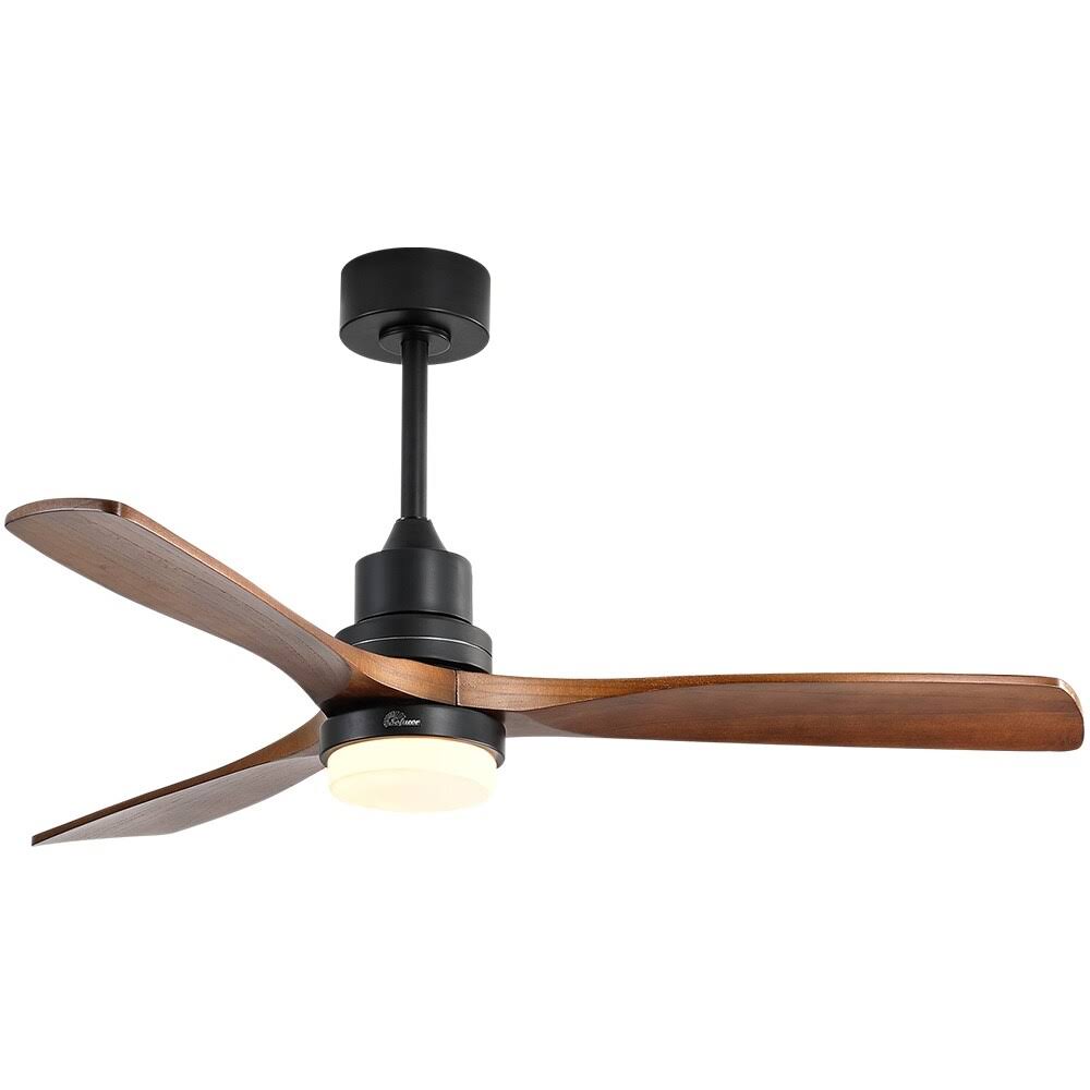 52 inch Indoor and Outdoor Downrod Solid Wood Ceiling Fan with Remote,Integrated Light Optional - with Integrated Light - Black with Brown Blades