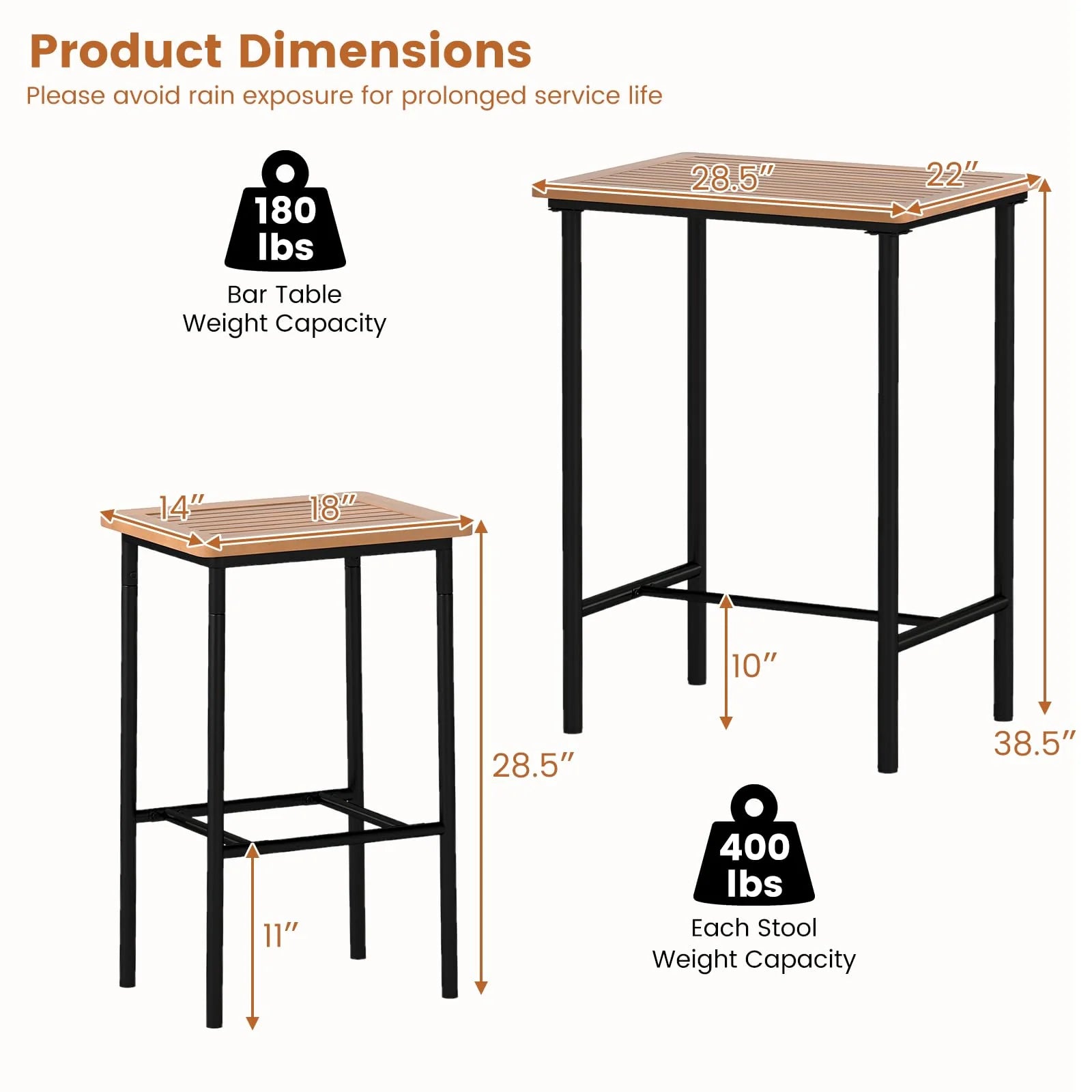Tangkula 3 Pieces Acacia Wood Patio Bar Set