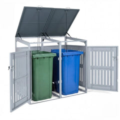 44 Cu.Ft Outdoor Trash Can Storage Shed for 2 Bins, Metal Garbage Can Organizer with Gas Struts, Shock Absorbers, Lockable Doors & Slant-Roof