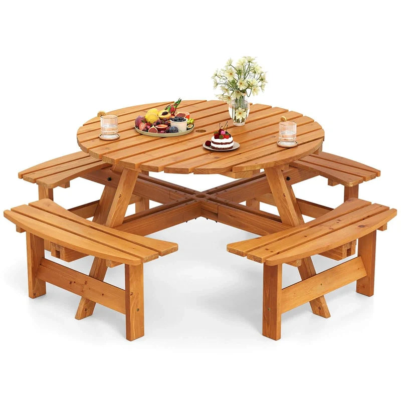 8-Person Round Wood Picnic Table Set with 4 Built-in Benches & 2" Umbrella Hole, Holds 2420 LBS, Outdoor Dining Table & Bench for Patio Garden