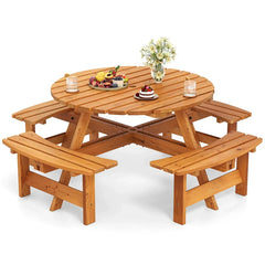 8-Person Round Wood Picnic Table Set with 4 Built-in Benches & 2" Umbrella Hole, Holds 2420 LBS, Outdoor Dining Table & Bench for Patio Garden