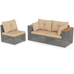86.5" 3-Seat Patio Wicker Sofa, 3PCS Modular PE Rattan Sectional Furniture Set with Cup Holders & Wood Armrests, Outdoor Couch for Garden Yard