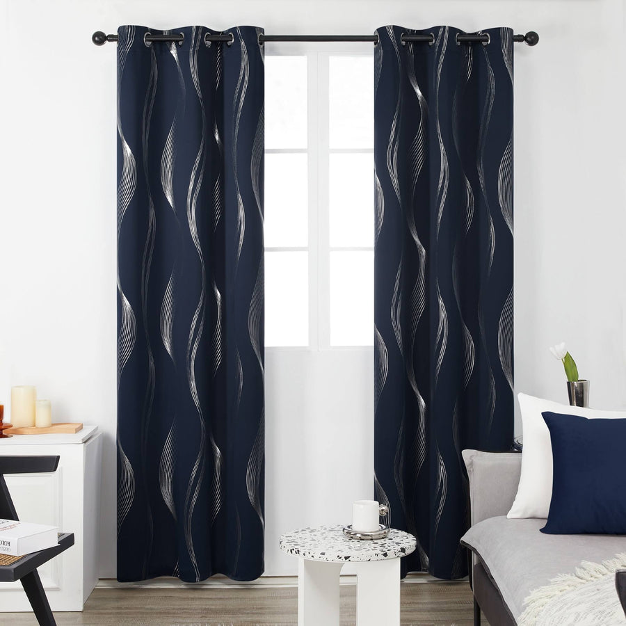 Deconovo Thermal Insulated Blackout Curtains, Silver Wave Foil Printed Grommet Window Curtain for Bedroom (42 x 45 inch, Navy Blue, 2 Panels)