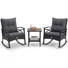 Tangkula 3 Pieces Outdoor Rocking Chairs Set Rattan Heavy Duty Cushioned Rocker Chairs