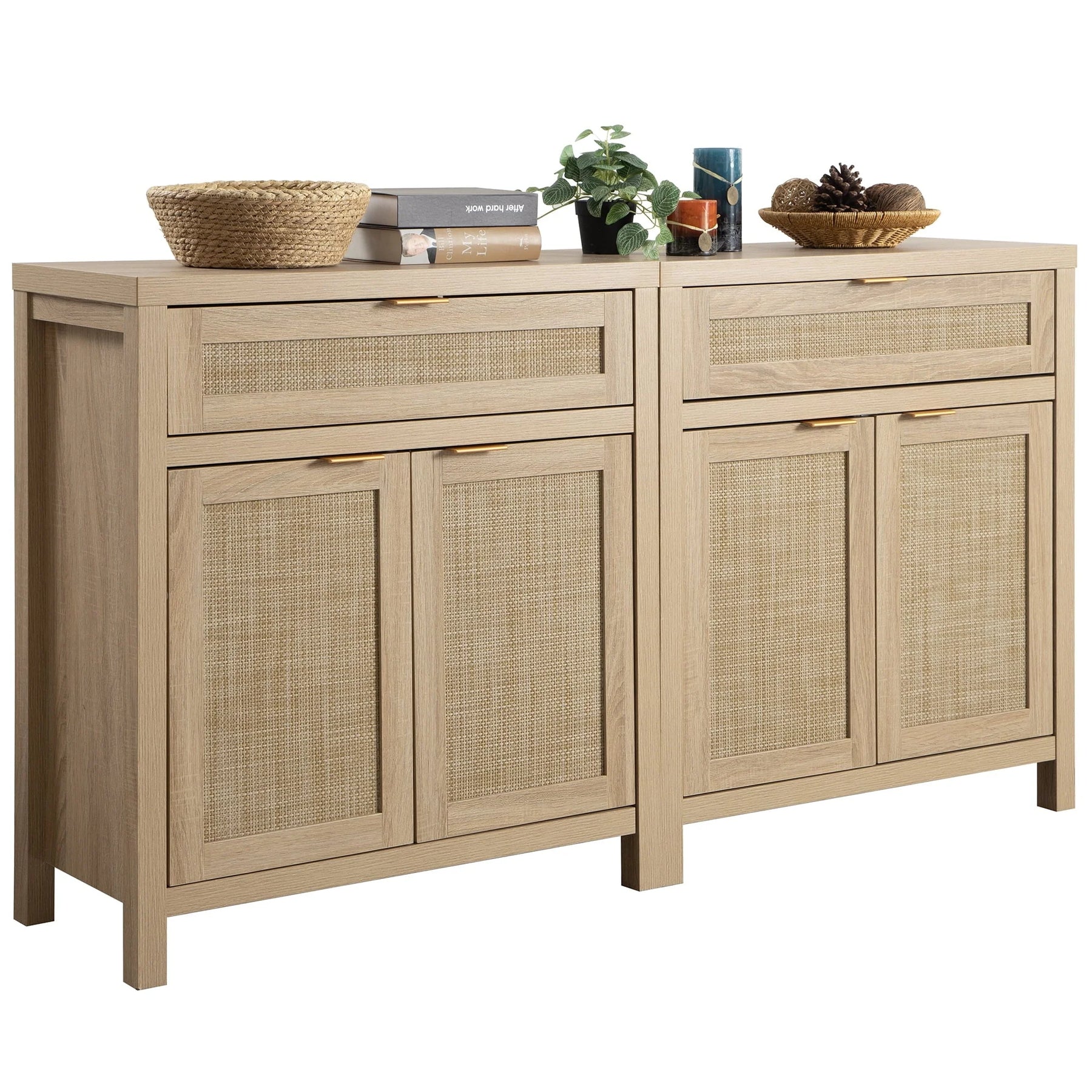 Nopurs Rattan Sideboard Buffet Cabinet Set of 2, Boho Storage Cabinet Buffet Table with Doors and Drawer, Coffee Bar Cabinet for Kitchen Entryway Living Dining Room, Light Oak