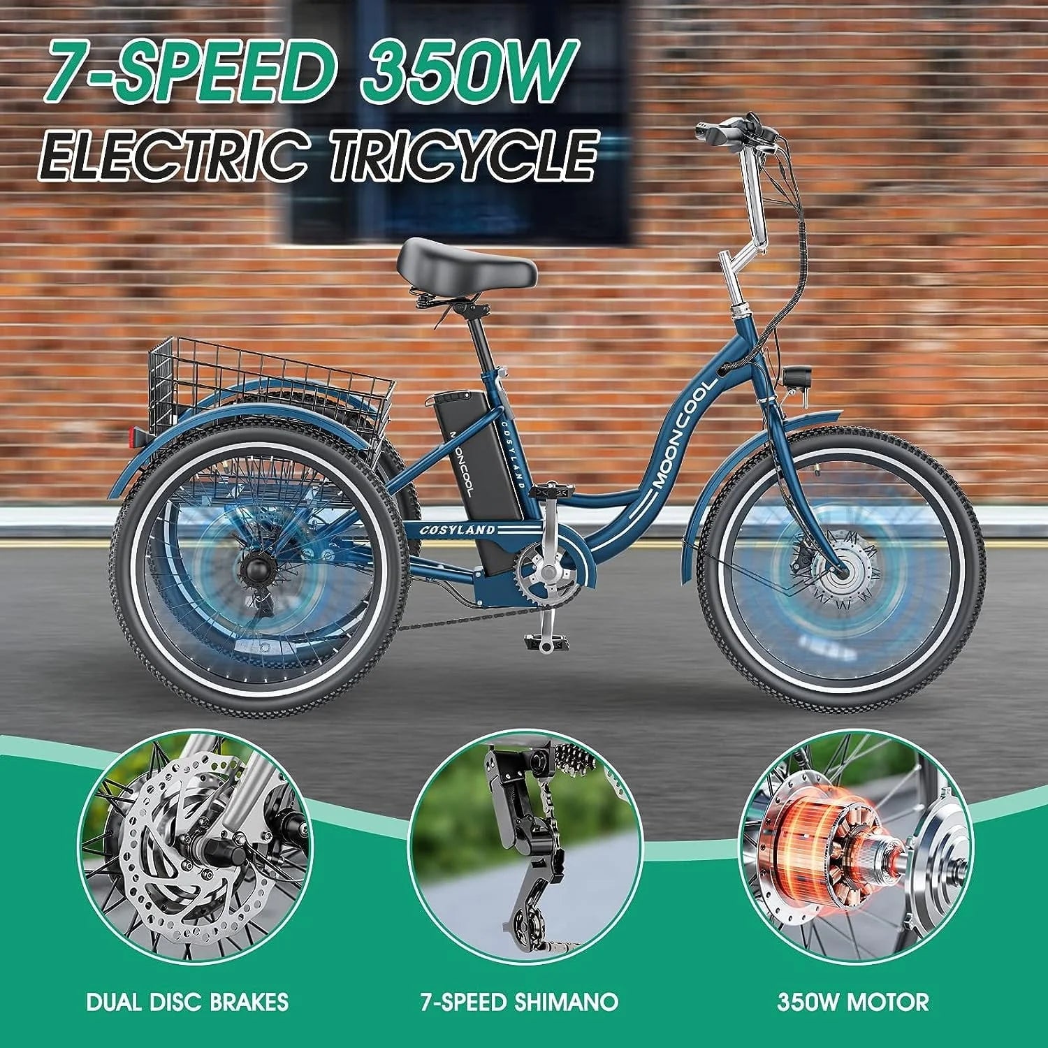 Mooncool 24" 26" 3 Wheel Electric Tricycle for Adults, 350W 36V 7 Speeds Motorized Electric Trike Three Wheel Electric Bikes Bicycle with Large Basket for Women Men