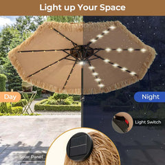 9FT Thatched Tiki Patio Umbrella with 33 Solar LED Lights, Hawaiian Style 2-Tier Hula Beach Umbrella with Tilt & Crank for Pool, Backyard, Garden