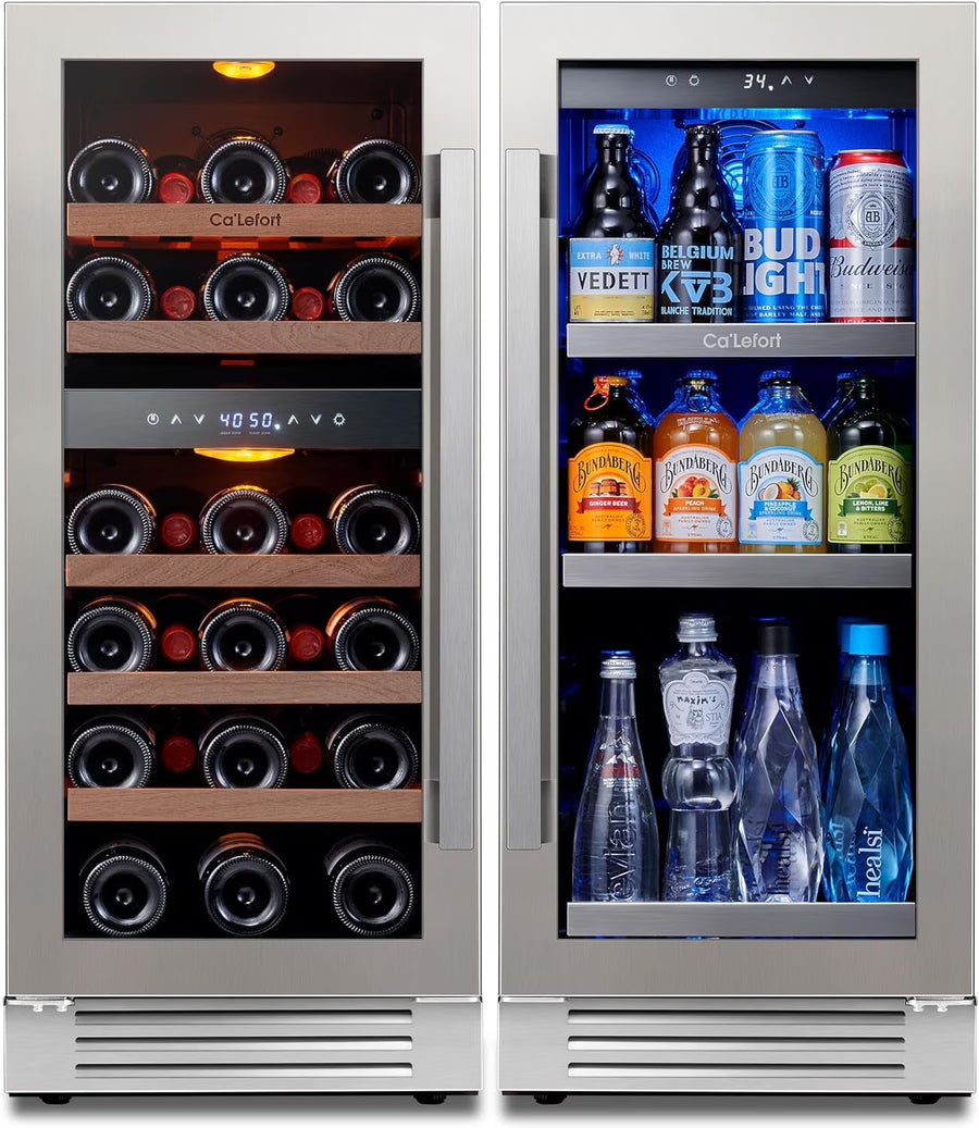 Ca'Lefort 30" Wine and Beverage Refrigerator, 28 Bottles Dual Zone Wine Fridge and 100 Cans Beverage Fridge Cooler with Stainless Steel Door Framed