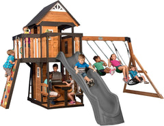 Backyard Discovery Canyon Creek Cedar Wood Swing Set with Wave Slide. Clubhouse. Play Kitchen. Picnic Area. Belt Swings. Web Swing. Rock Wall. Balconies. Playhouse. Step Ladder. Outdoor Playset