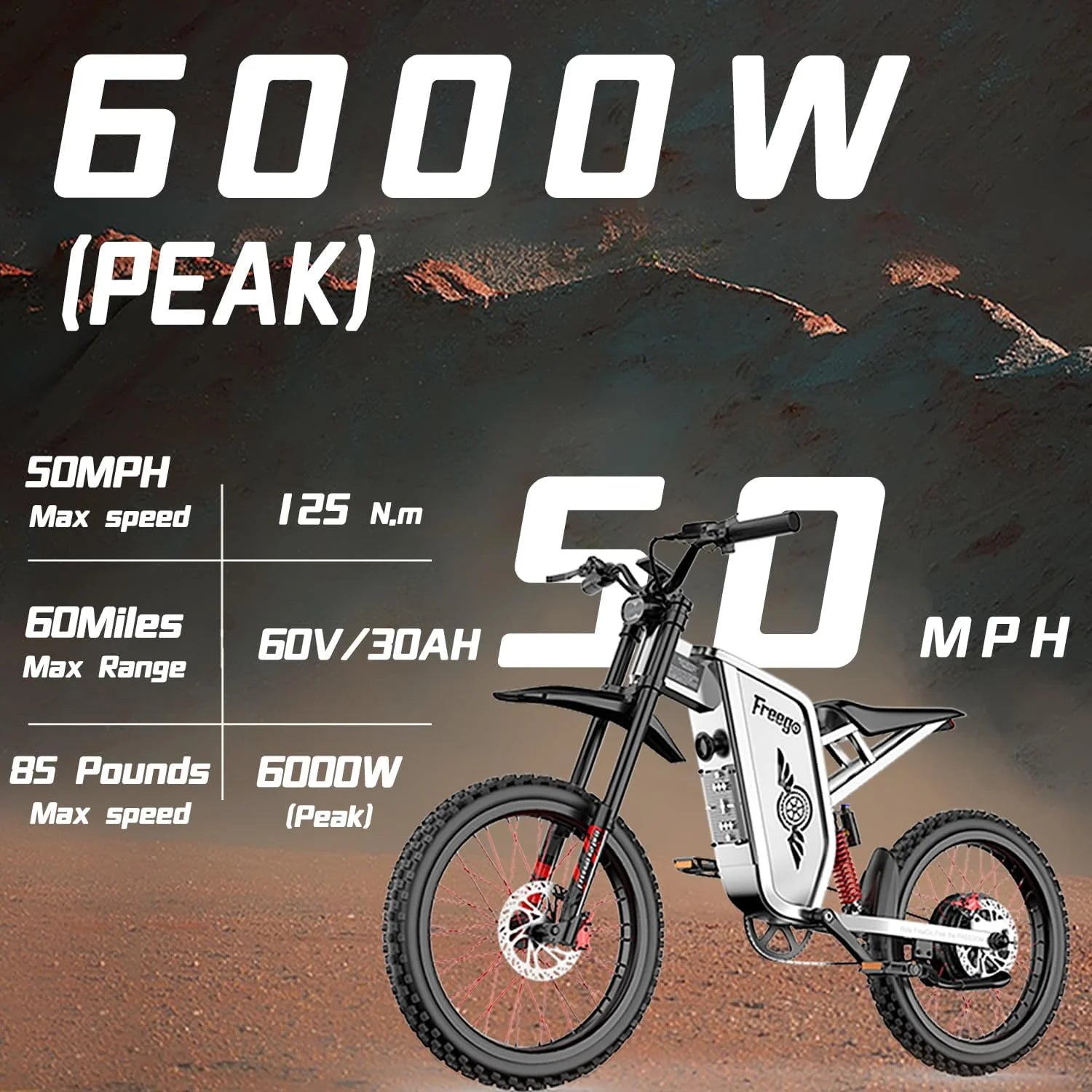 6000W(Peak) Motor 60V/35ah Battery, Freego X2pro Electric Motorcycle for Adults, Electric Bike 50MPH/7 Speed Off Road Electric Bicycle, 19x2 Full Suspension/Four - Piston Hydraulic Brake UL2849MTB