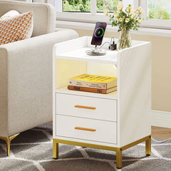 DEXTRUS Side Table with Charging Station, 3 - Drawer LED Light Bedside End Table Nightstand for Bedroom Living Room Small Space, White