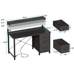 40 in Computer Desk with Power Outlets & LED Lights, Home Office Desk with 3 Drawers & Adjustable Monitor Shelf, , Writing Desk with Storage Bag, Vintage
