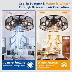 26 - Inch Farmhouse Caged Ceiling Fan with Light, Remote & APP Control Quiet DC Motor E26 Bulbs Included Black
