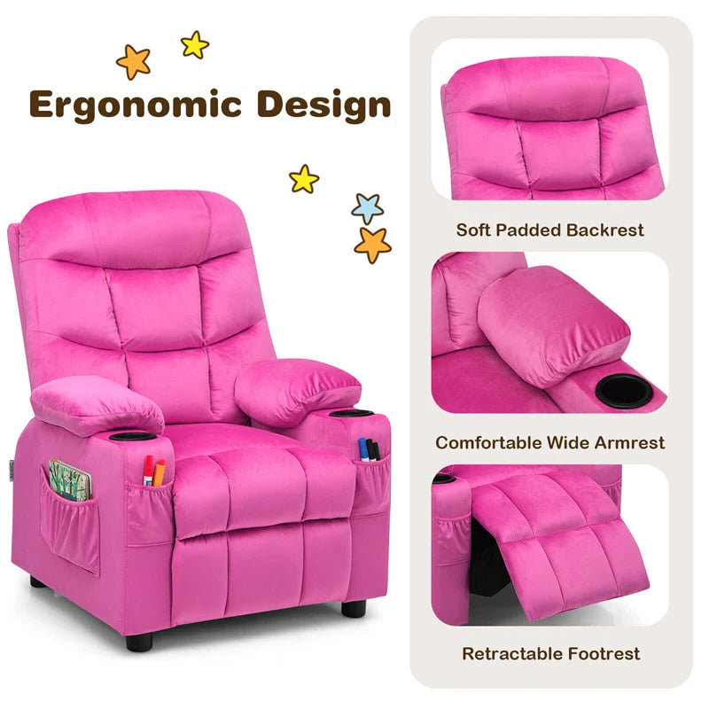 Kids Recliner Chair Adjustable Velvet Lounge Sofa with Cup Holders, 3 Pockets, Retractable Footrest, Toddler Furniture Sofa for Boys Girls Room