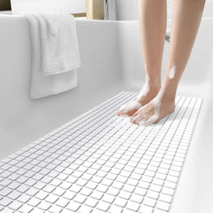 DEXI Bath Tub Shower Mat Non-Slip 16 x 39 Extra Long Bathtub Mats Suction Cups Drain Holes Machine Washable Bathroom Mat White