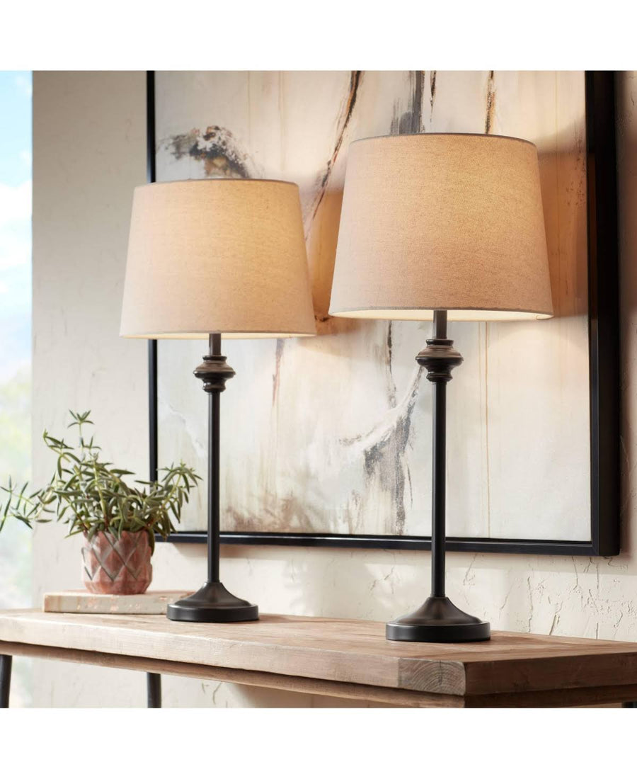 360 Lighting Modern Buffet Table Lamps Set of 2 Bronze Metal Oatmeal Fabric Drum Shade for Dining Room