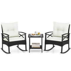 3 Piece Rattan Patio Rocking Bistro Set, Outdoor Wicker Rockers with Cushions & 2-Tier Tempered Glass Coffee Table for Porch, Balcony, Backyard