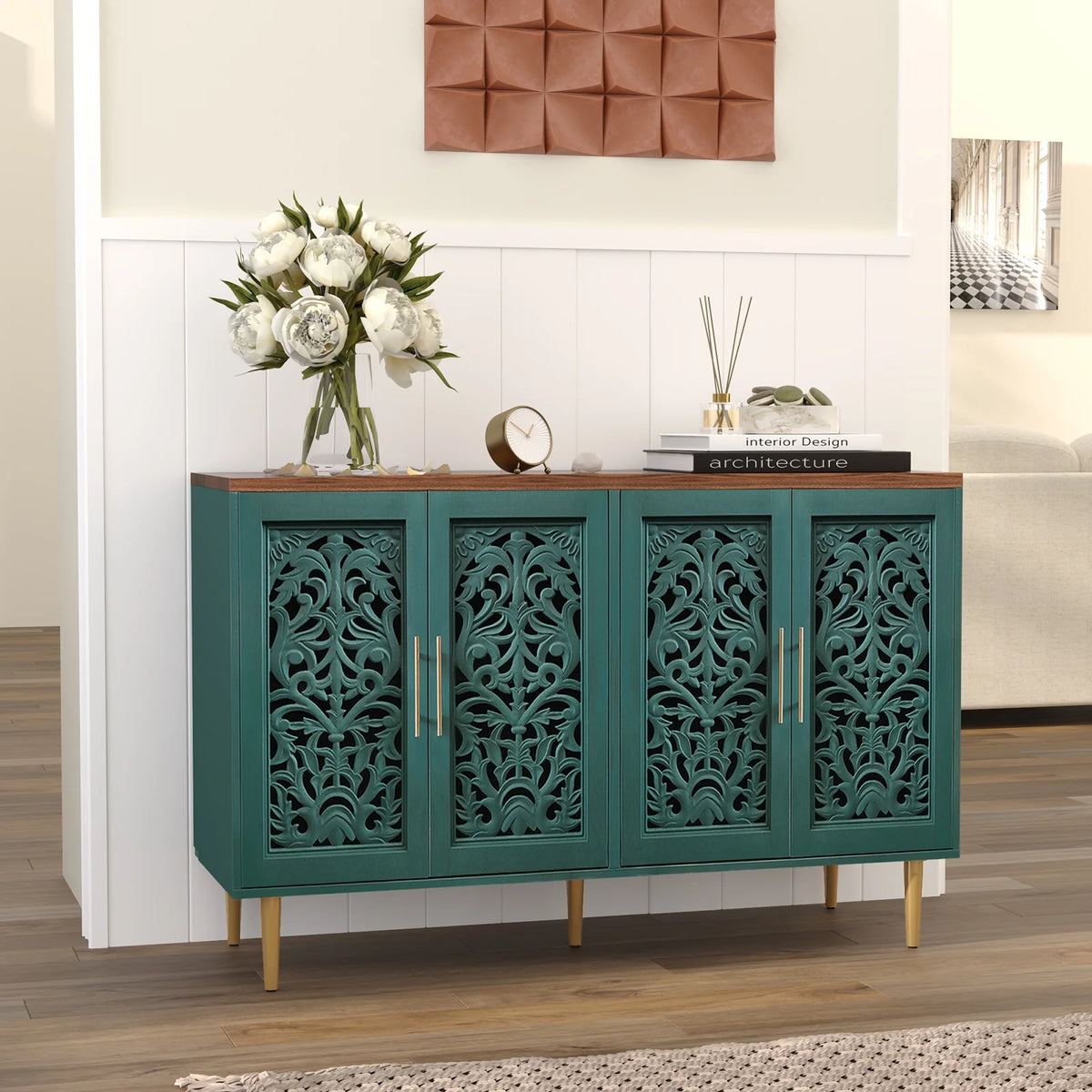 HLR 48" Accent Cabinet with 4 Doors, Vintage Hollow Carving Storage Credenza, Sideboards and Buffets Cabinet for Living Room, Kitchen, Dining Room, Entryway