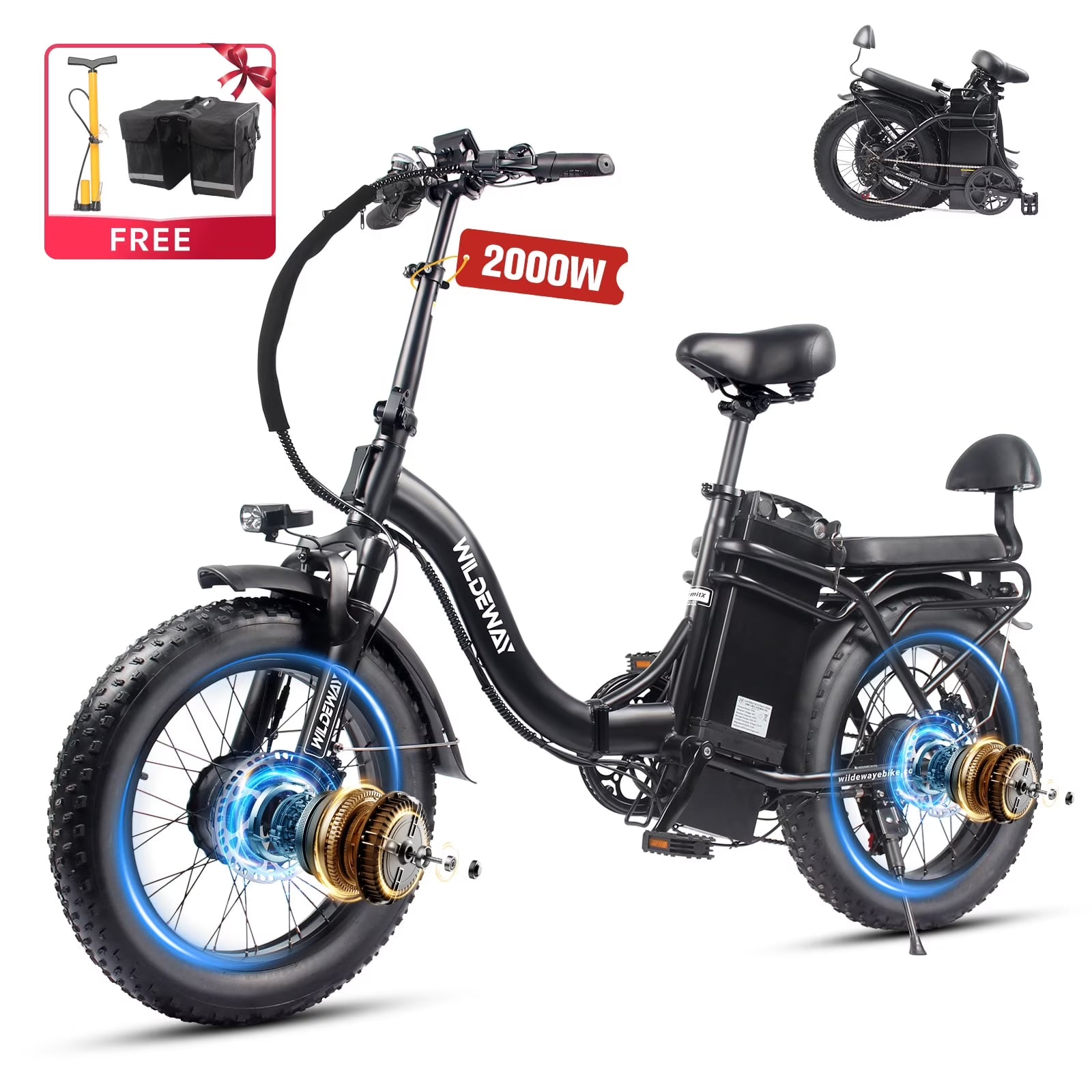 Wildeway Folding Dual Motors 2000W Mountain Bike for Adult, UL2849 48V 32AH Removable Battery Ebike 20x4"fat Tire up to 28MPH&100 Miles Long Range Off Road Dual Hydraulic Disc Brake Electric Bicycle