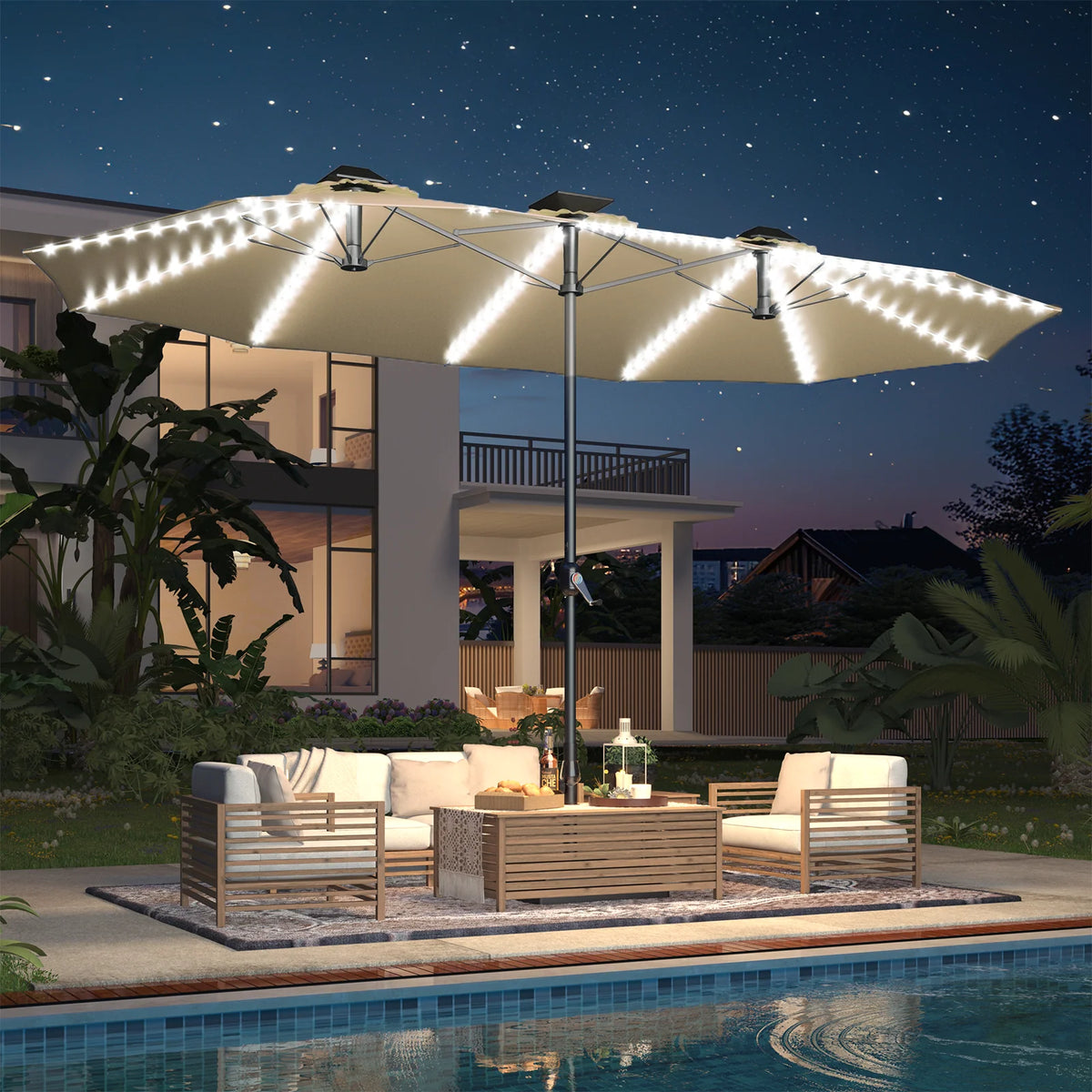 AECOJOY 15ft Patio Double-Sided Umbrella, 156 PCS Solar LED Light Outdoor Large Umbrella, Beige