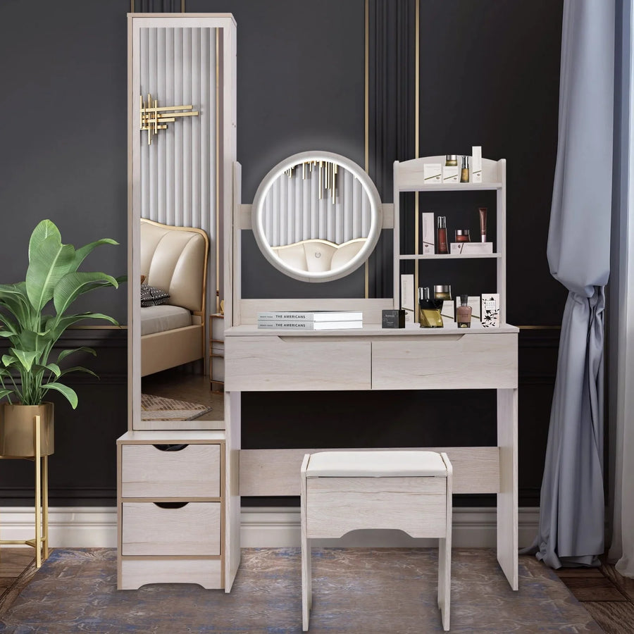 Ubesgoo Lighted Vanity Table Set, Dressing Table with Full Length Mirror, Bedroom Makeup Table with Hidden Stoarge Cabinet, White Oak Color