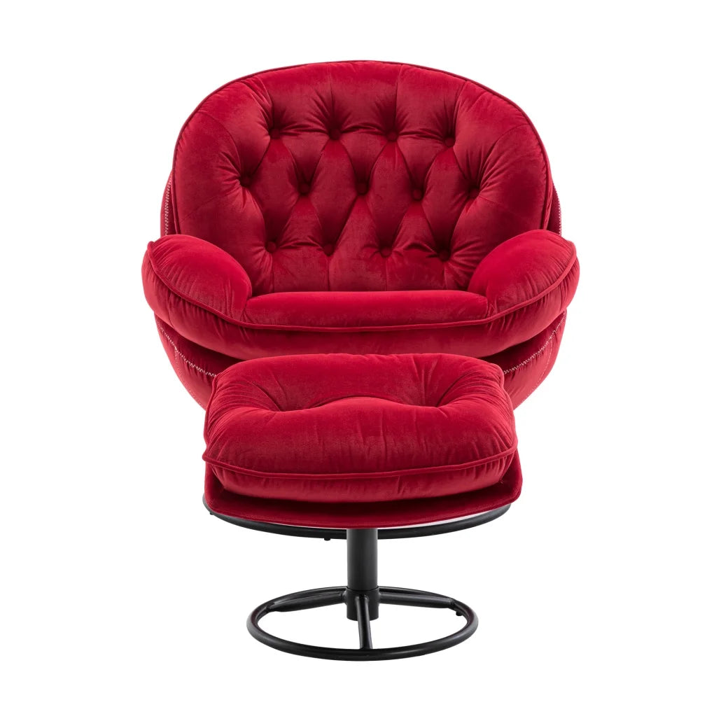 Swivel Accent Chair with Ottoman, Velvet Single Sofa Reading Chair with Metal Frame, Modern Tufted Armchair Comfy Lounge Chairs with Footrest for Living Room, Bedroom, Office, Red