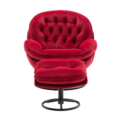 Swivel Accent Chair with Ottoman, Velvet Single Sofa Reading Chair with Metal Frame, Modern Tufted Armchair Comfy Lounge Chairs with Footrest for Living Room, Bedroom, Office, Red