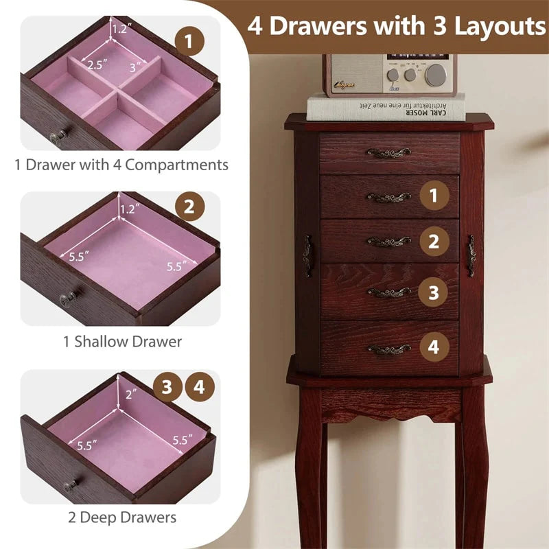Standing Jewelry Armoire Cabinet with Flip Top Mirror, 4 Drawers, 8 Necklace Hooks & 2 Side Doors, Jewelry Storage Organizer Chest for Bedroom