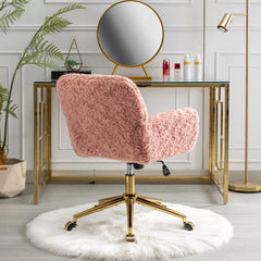 Furniture Office Chair, Artificial Rabbit Hair Makeup Vanity Chair Chair, 360 Comfy Swivel Armchair with Wheels, Modern Height Adjustable Cute Vanity Chair for Living Room Small Spaces Pink