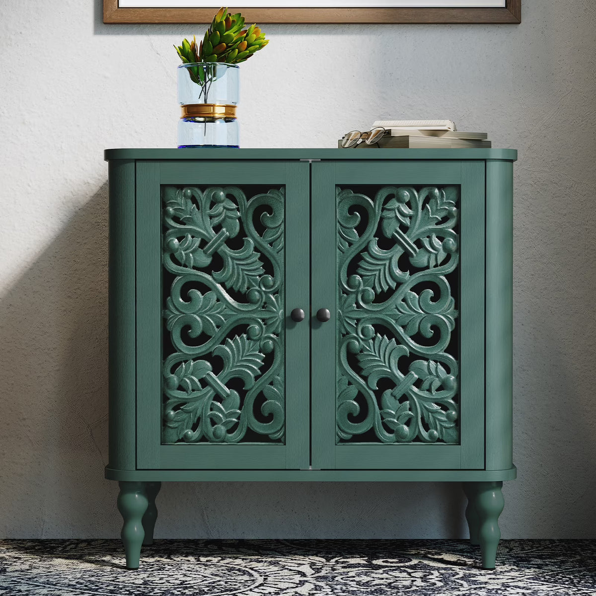 HLR 48" Accent Cabinet with 4 Doors, Vintage Hollow Carving Storage Credenza, Sideboards and Buffets Cabinet for Living Room, Kitchen, Dining Room, Entryway