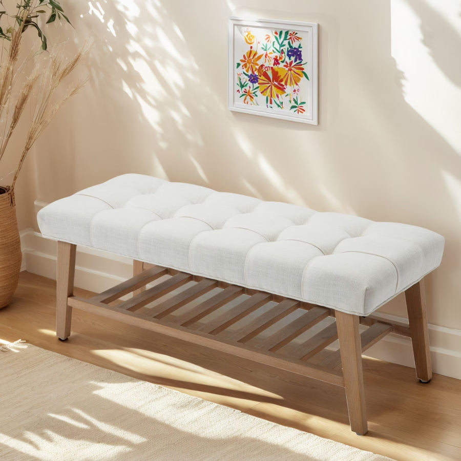 Dayalane Upholstered Storage Bench with Shoe Rack, Linen Fabric Entryway Bench for Living Room, Bedroom and Hallway, Multi Functional Ottoman with Solid Wood Shelf, Beige