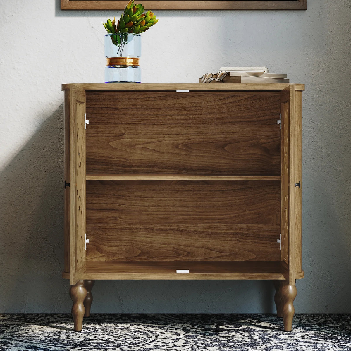 HLR 48" Accent Cabinet with 4 Doors, Vintage Hollow Carving Storage Credenza, Sideboards and Buffets Cabinet for Living Room, Kitchen, Dining Room, Entryway