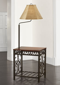 Regency Hill Travata Rustic Vintage Floor Lamp with End Table 54" Tall Bronze Scrollwork Swing Arm Burlap Fabric Empire Shade for Living Room Reading