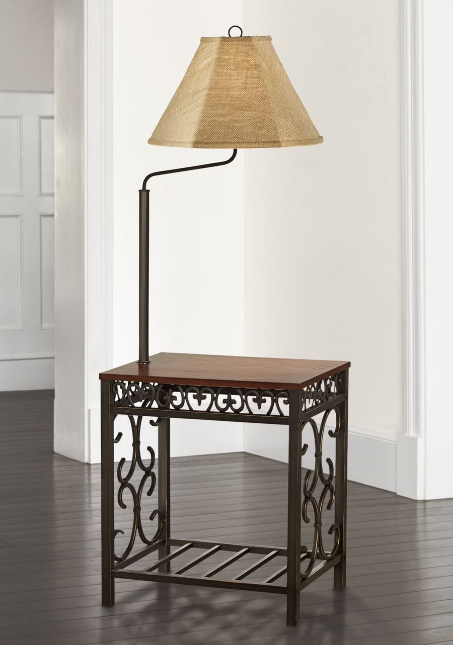 Regency Hill Travata Rustic Vintage Floor Lamp with End Table 54" Tall Bronze Scrollwork Swing Arm Burlap Fabric Empire Shade for Living Room Reading