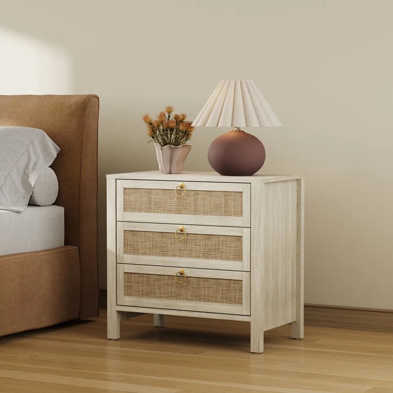Surmoby Oak Boho 3 - Drawer Nightstand Set of 2 - Extra Wide Storage Night Stand with Gold Handles Large&Tall Bed Side Table for Bedroom Living Room Enterway