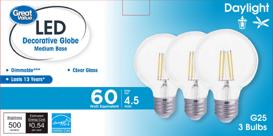 Great Value Deco LED G25 Light Bulb 60W Eqv. Dayight, E26 Base, 3 Pack