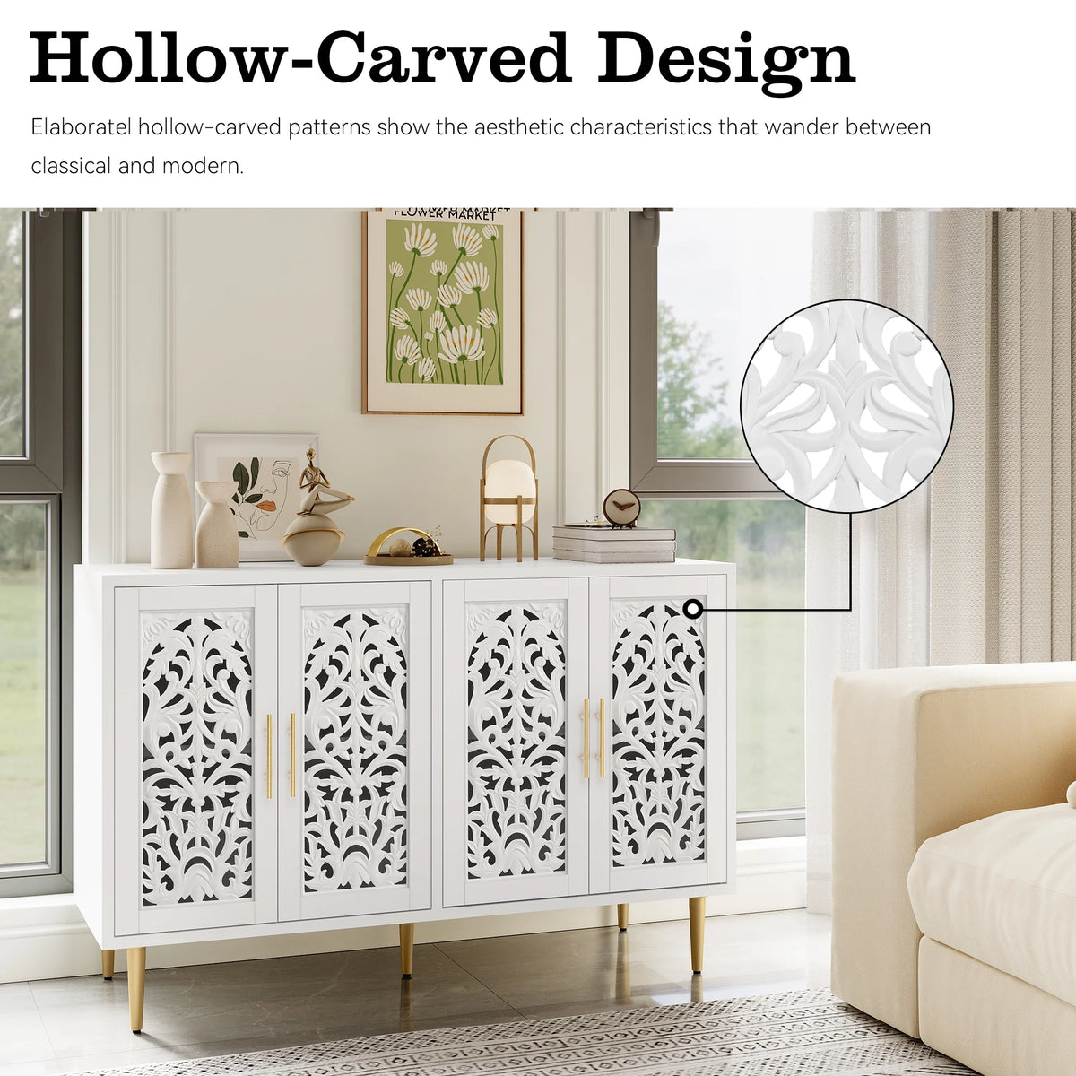 HLR 48" Accent Cabinet with 4 Doors, Vintage Hollow Carving Storage Credenza, Sideboards and Buffets Cabinet for Living Room, Kitchen, Dining Room, Entryway