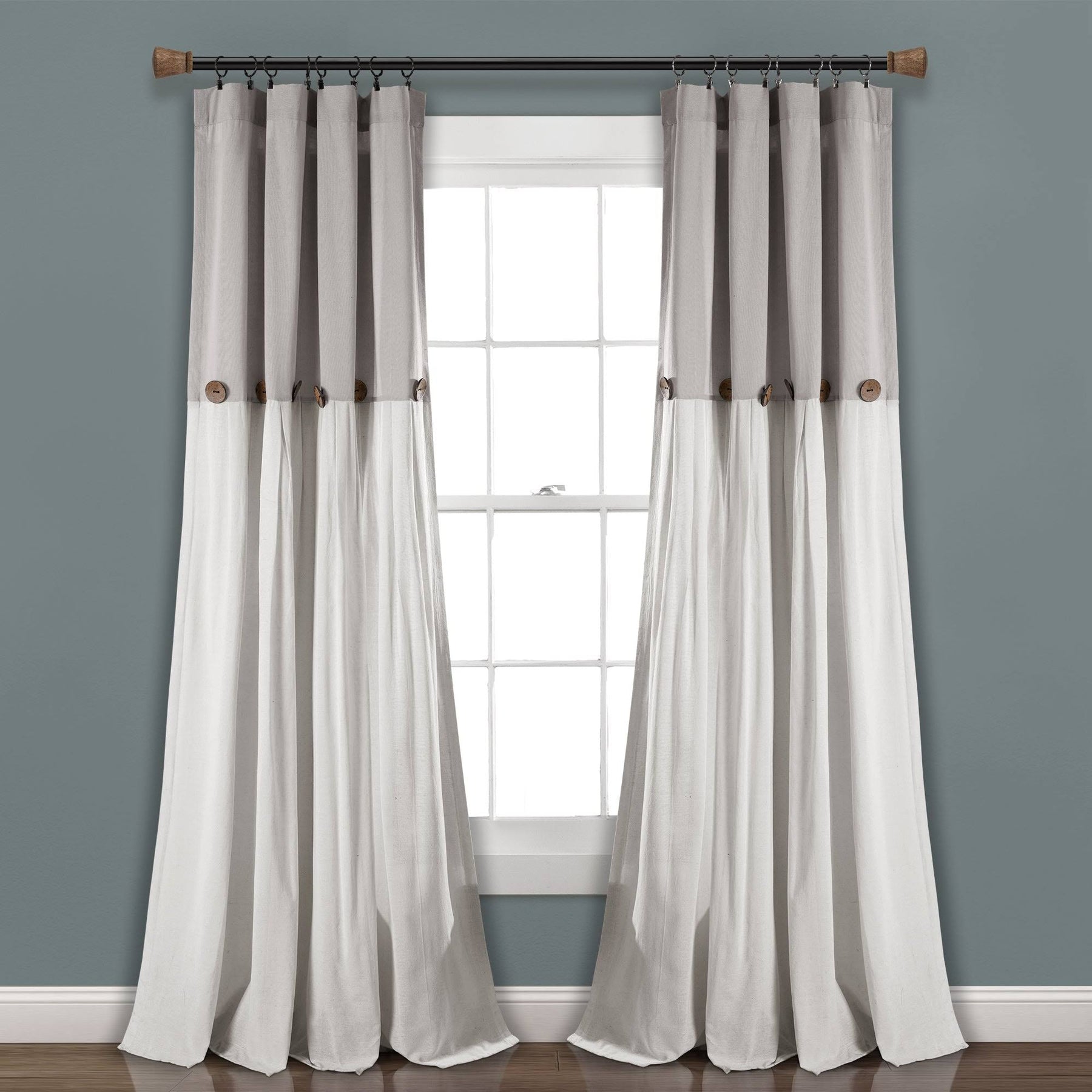 Lush Decor Linen Button Window Curtain Panel - 84", Single, Gray/White